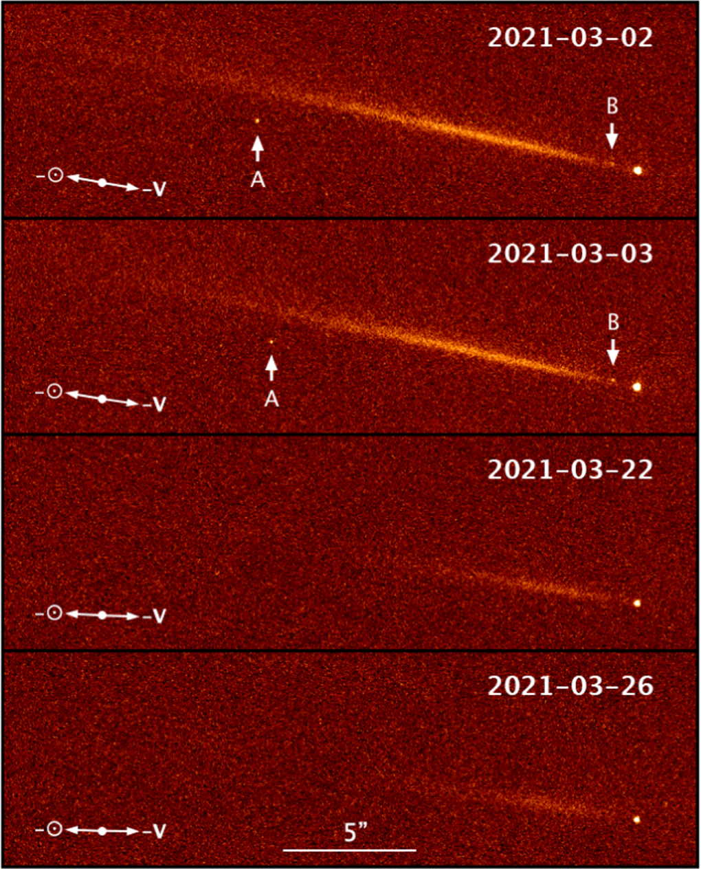 Фрагменти комети, які помітив «Габбл» у березні 2021. Позначені як «А» і «В». Man-To Hui et al. / The Astronomical Journal, 2022
