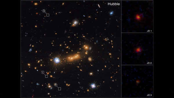 Порівняння знімків «Джеймса Вебба» і «Габбла», які він зробив у 2012 році. На знімках останнього об'єкт MACS0647-JD виглядає як тьмяна червона точка, у той час як «Джеймс Вебб» бачить набагато більше деталей. NASA, ESA, CSA, STScI, and Tiger Hsiao (Johns Hopkins University); : Alyssa Pagan (STScI)