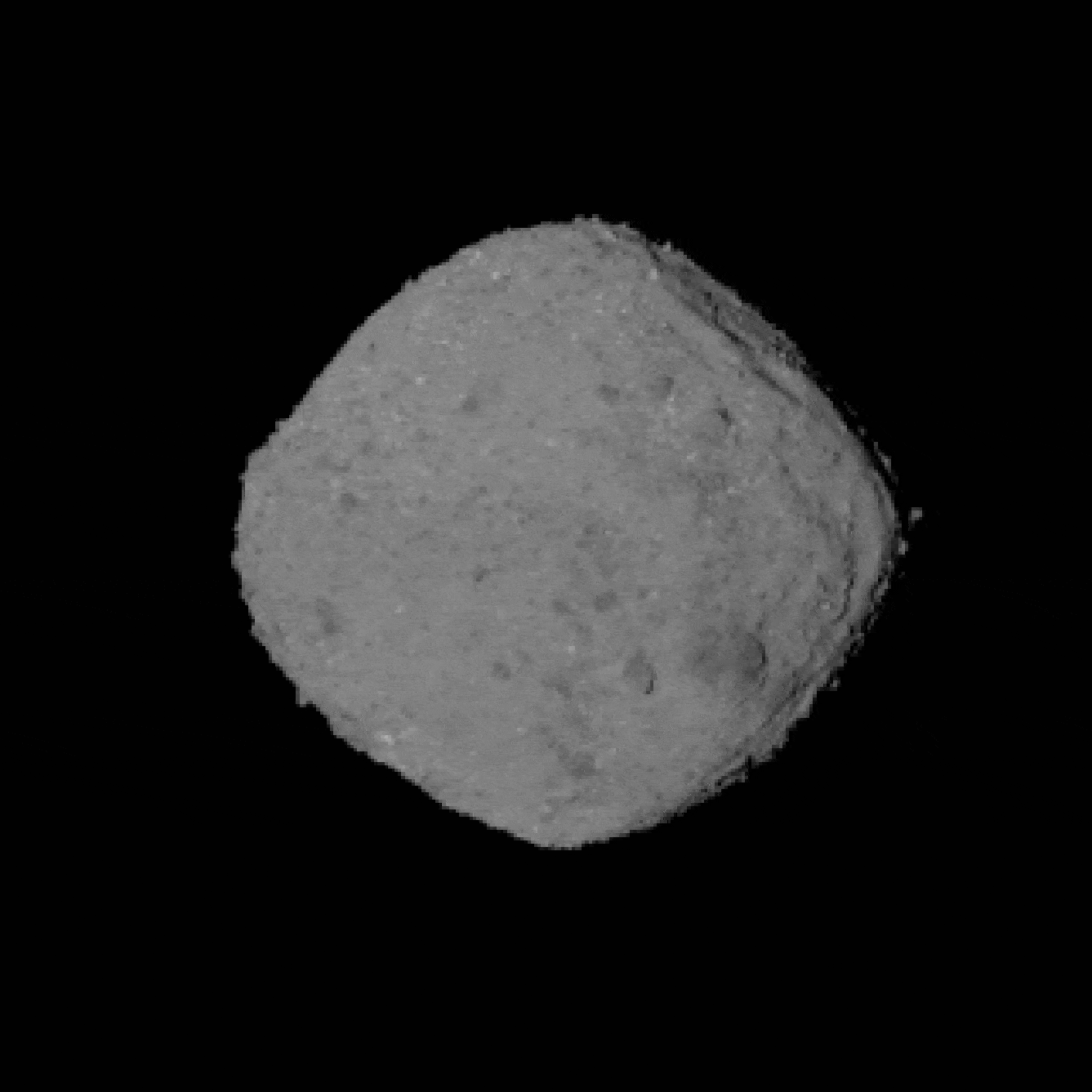 Зображення астероїда Бенну, отримане з кільких знімків OSIRIS-REx. Камера апарата фіксувала кожні 10 градусів обертання астероїда з відстані 197 кілометрів від нього. NASA/Goddard / University of Arizona