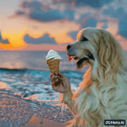 Золотистий ретривер їсть морозиво на заході сонця на тропічному пляжі