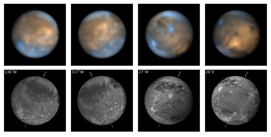 Отримані зображення Ганімеда (згори) порівняно зі змодельованими у видимому світлі. Синішим кольором зображено кригу, оскілька вона має ширшу смугу поглинання, а помаранчевий вказує на некрижані матеріали. Oliver King et al. / arXiv, 2022