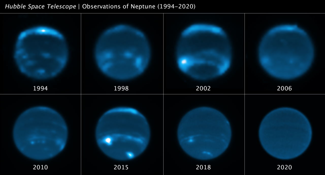 Світлини Нептуна, які у різні роки зробив телескоп&amp;nbsp;«Габбл».&amp;nbsp;NASA, ESA, Erandi Chavez (UC Berkeley), Imke de Pater (UC Berkeley)