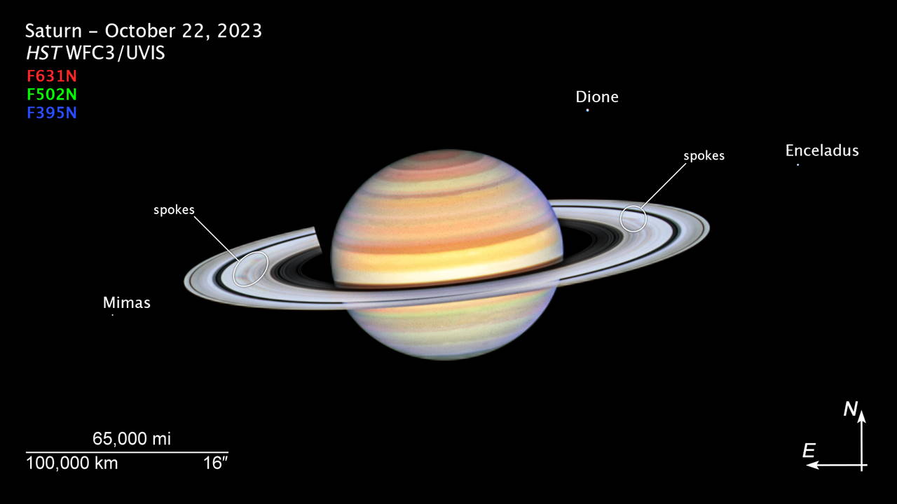 Спиці Сатурна, а також три супутники планети, що потрапили на світлину телескопа.&amp;nbsp;NASA, ESA, STScI, Amy Simon (NASA-GSFC)