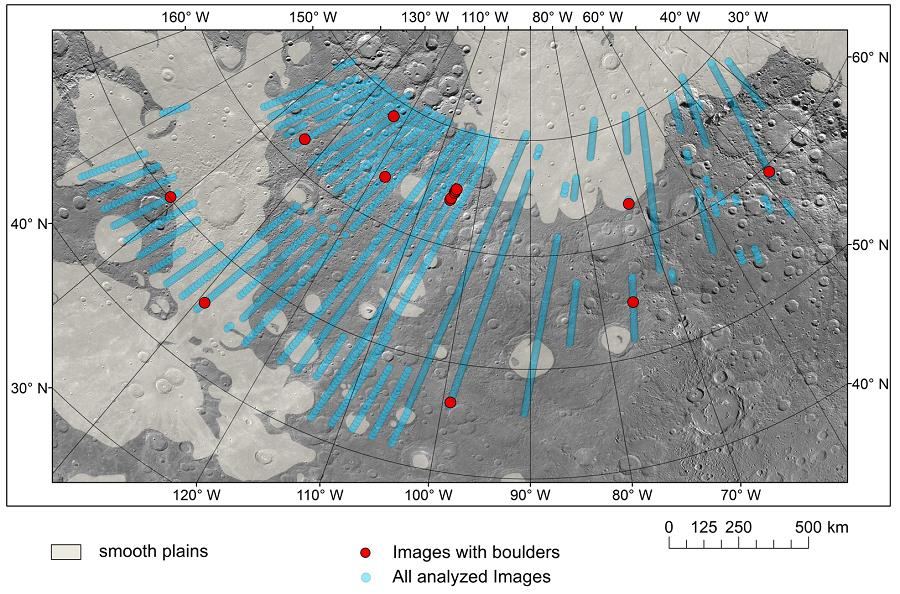 Мапа місцеположення обстежених зображень. Великі червоні кола вказують на місця, зображення з яких вказали на один або кілька валунів. Mikhail A.Kreslavsky et al. / Icarus, 2021