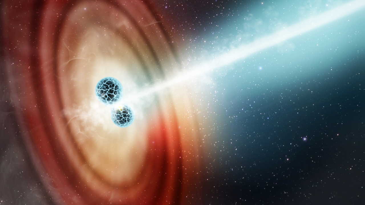 Художнє уявлення зіткнення нейтронних зірок, що вивільнило джет випромінювання. Elizabeth Wheatley (STScI)