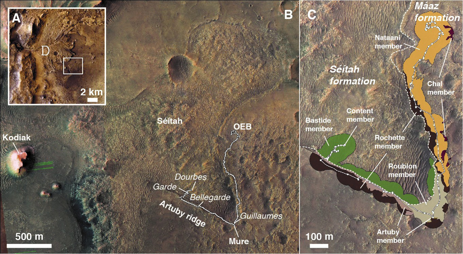 Орбітальні знімки району дослідження ровером кратеру Єзеро. K. A. Farley / Science, 2022