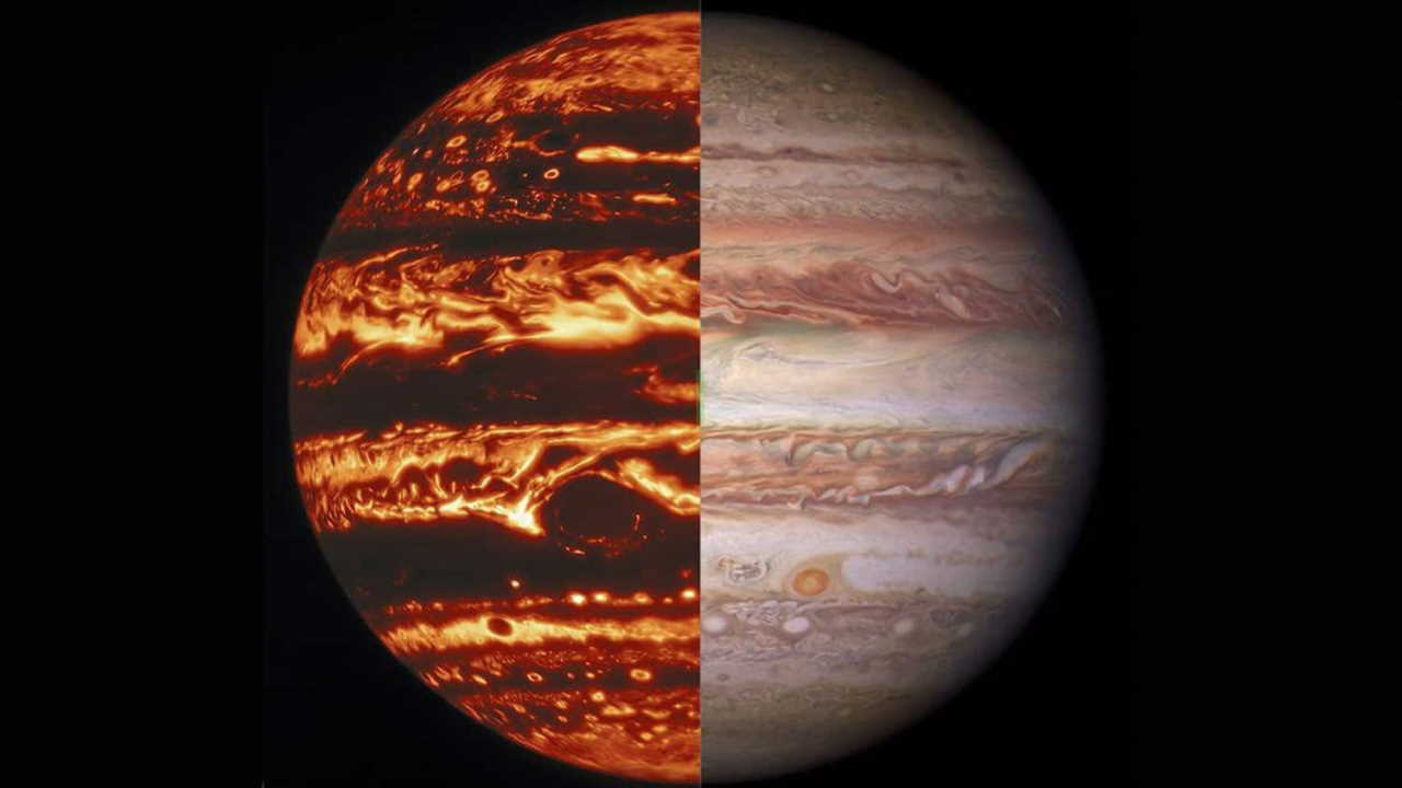 Юпітер в інфрачервоному (зліва) і видимому світлі. M.H. Wong and I. de Pater (UC Berkeley) et al. / International Gemini Observatory / NOIRLab / NSF / AURA / NASA / ESA