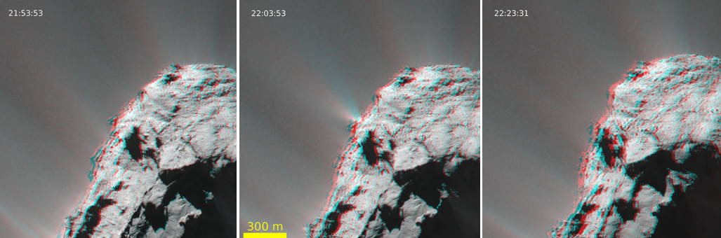 Викид шлейфу криги з однієї зі знайжених печер, який сфотографувала&amp;nbsp;«Розетта».&amp;nbsp;CNES / ESA / Rosetta / MPS / OSIRIS / Guillaume Faury et al. / arXiv, 2024