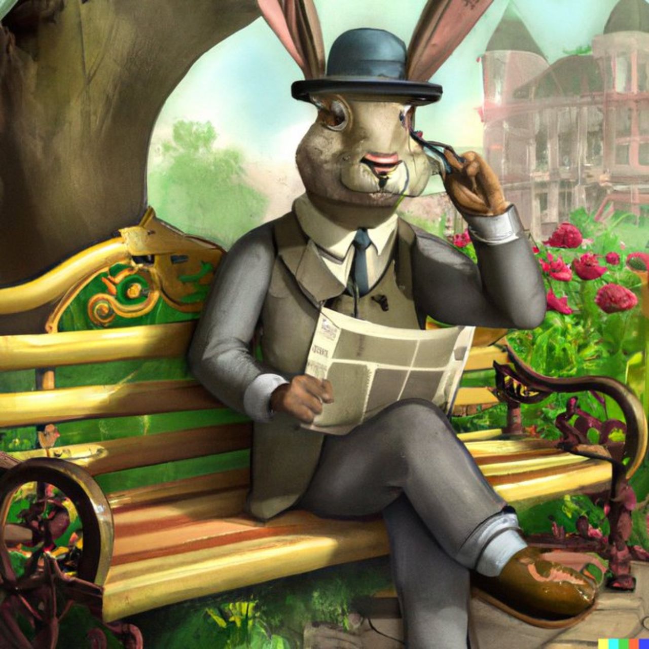 «Кролик-детектив сидить на парковій лаві та читає газету у вікторіанському оточенні»