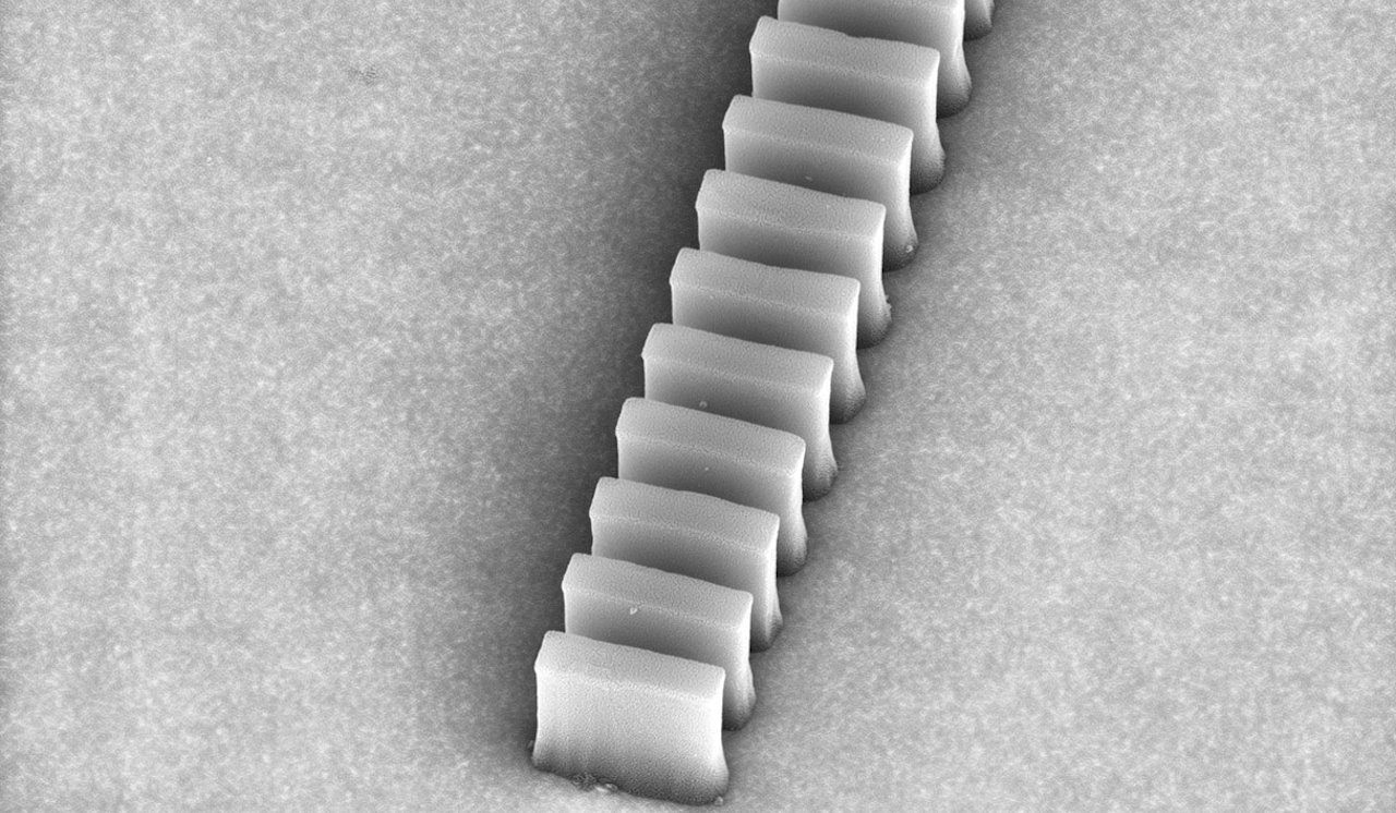 Біочип під мікроскопом з масивом кремнієвих блоків.&amp;nbsp;Jack Hu / Stanford Nano Shared Facilities