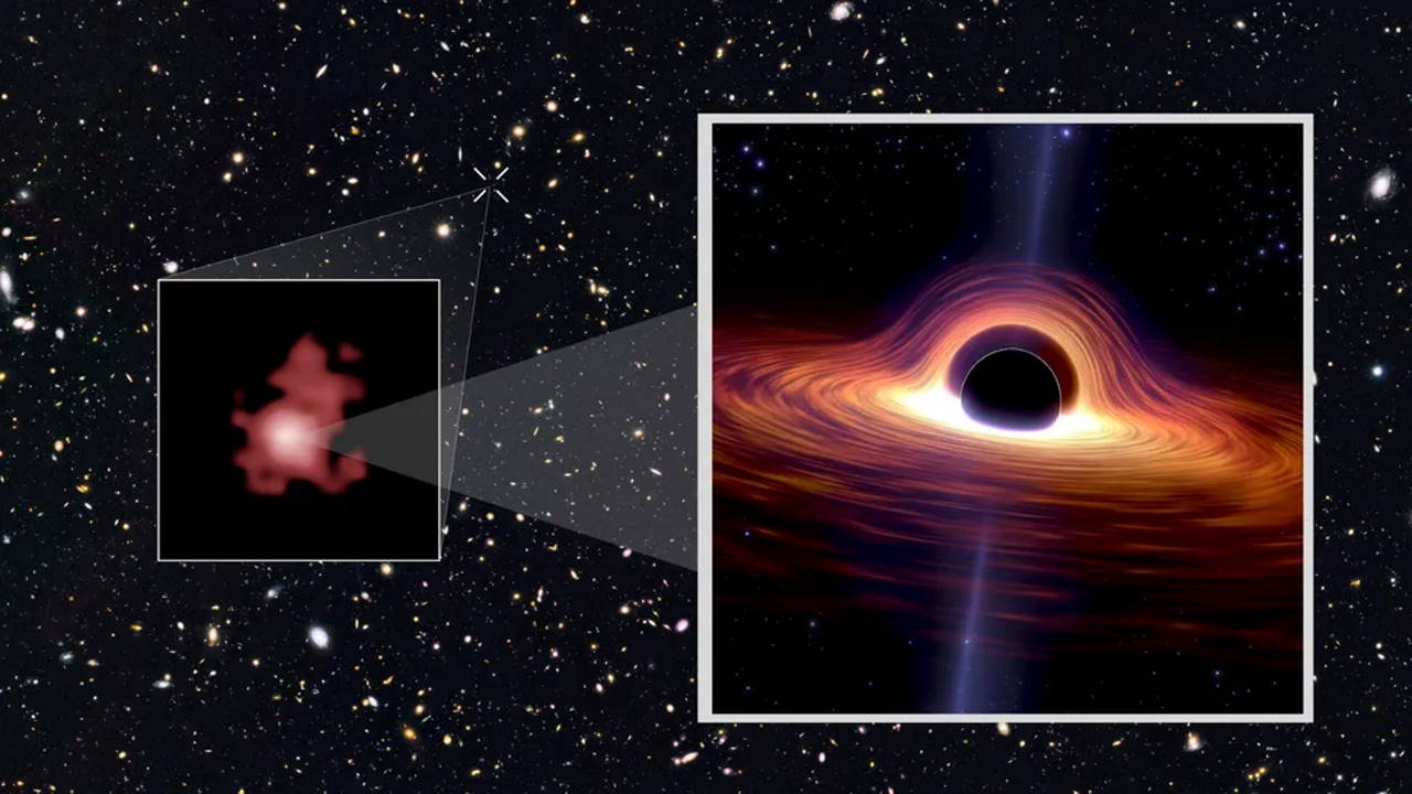 Художнє зображення чорної діри, яка знаходиться у галактиці&amp;nbsp;GN-z11, яку сфотографував&amp;nbsp;«Габбл» (зліва).&amp;nbsp;NMASA, ESA, P. Oesch (Yale University), G. Brammer (STScI), P. van Dokkum (Yale University), and G. Illingworth (University of California, Santa Cruz) (Inset) Robert Lea