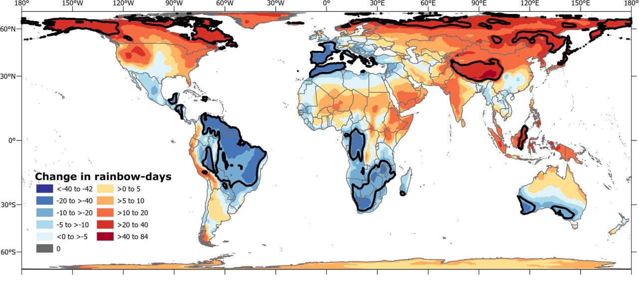 Зміна в кількості днів із можливими веселками через зміни клімату.&amp;nbsp;Kimberly M.Carlson et al. /&amp;nbsp;Global Environmental Change, 2022