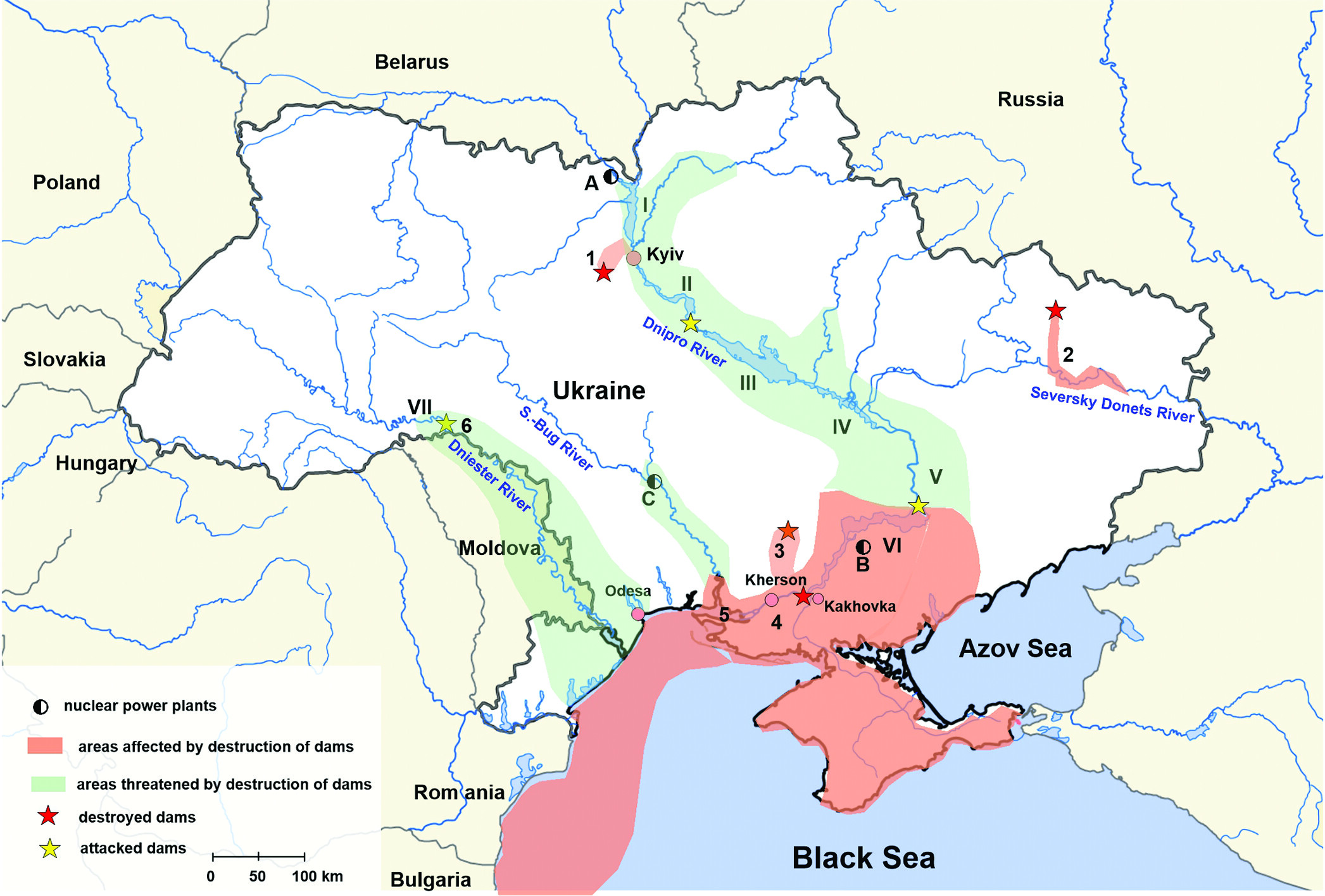 Зруйновані (червоні зірки) та пошкоджені (жовті) росіянами дамби, а також регіони, на які вже вплинуло (зафарбовані червоним) чи може вплинути (зеленим) руйнування цих дамб. Shumilova et al. / Science, 2025