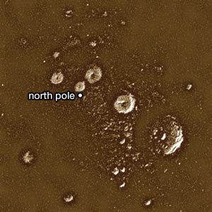 Північна полярна область Меркурія на радіолокаційному знімку, отриманому за допомогою радіотелескопа Аресібо. Courtesy of John Harmon, Arecibo Observatory