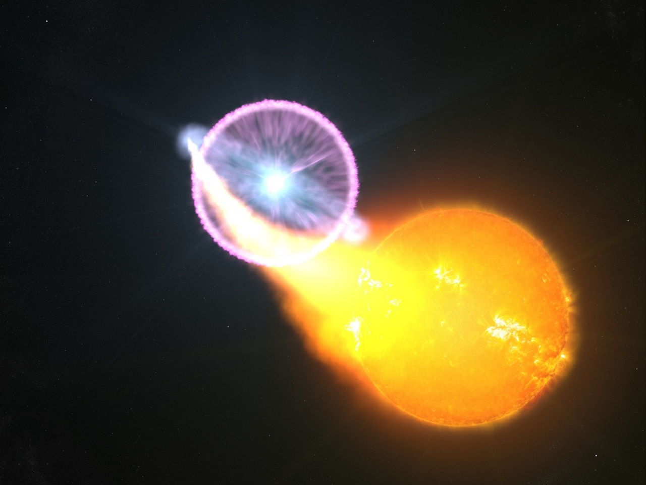 Художнє зображення спалаху нової внаслідок взаємодії білого карлика із сусідньою зорею.&amp;nbsp;NASA’s Goddard Space Flight Center / S. Wiessinger