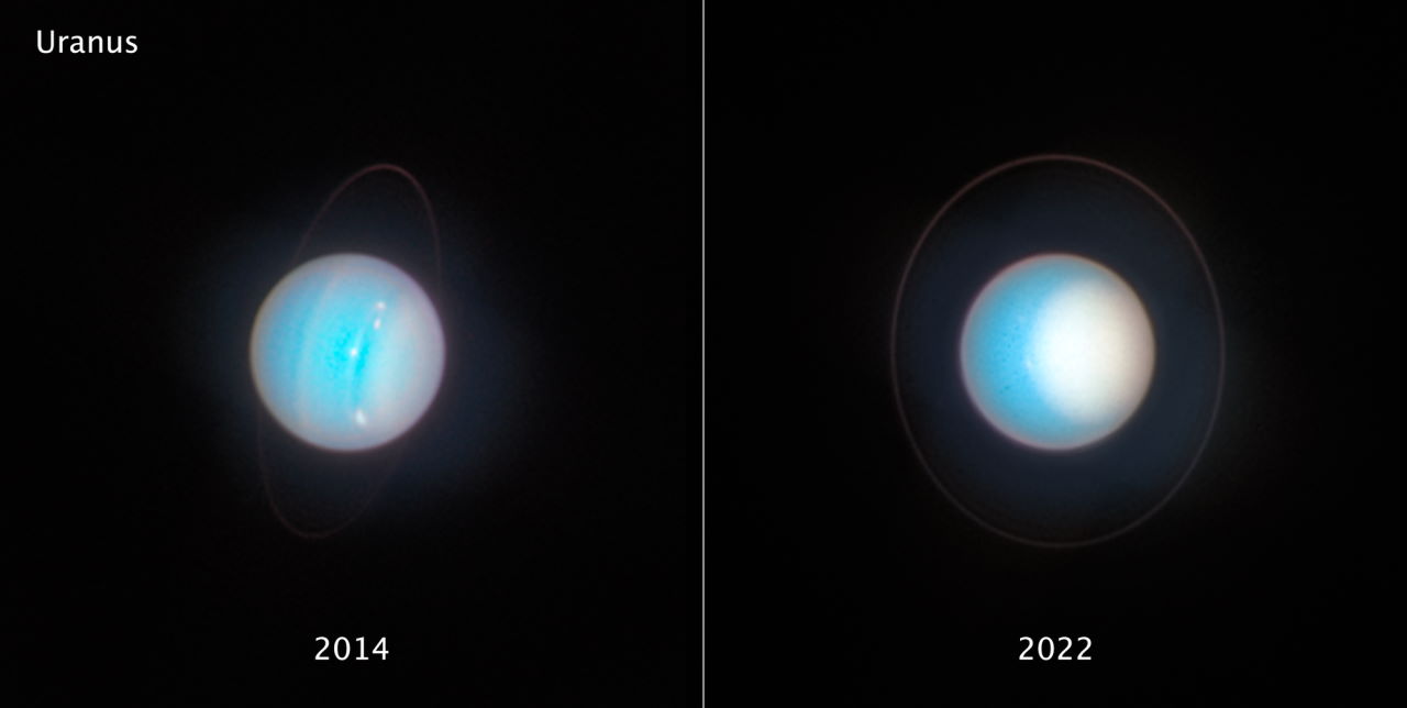Світлини Урана,&amp;nbsp;У 2014 році на планеті було північне весіннє рівнодення, і Сонце світило прямо над її екватором, підсвічуючи метанові хмари. На фото 2022 року телескоп побачив Уран, огорненим у туман поблищу північного полюса.&amp;nbsp;NASA, ESA, STScI