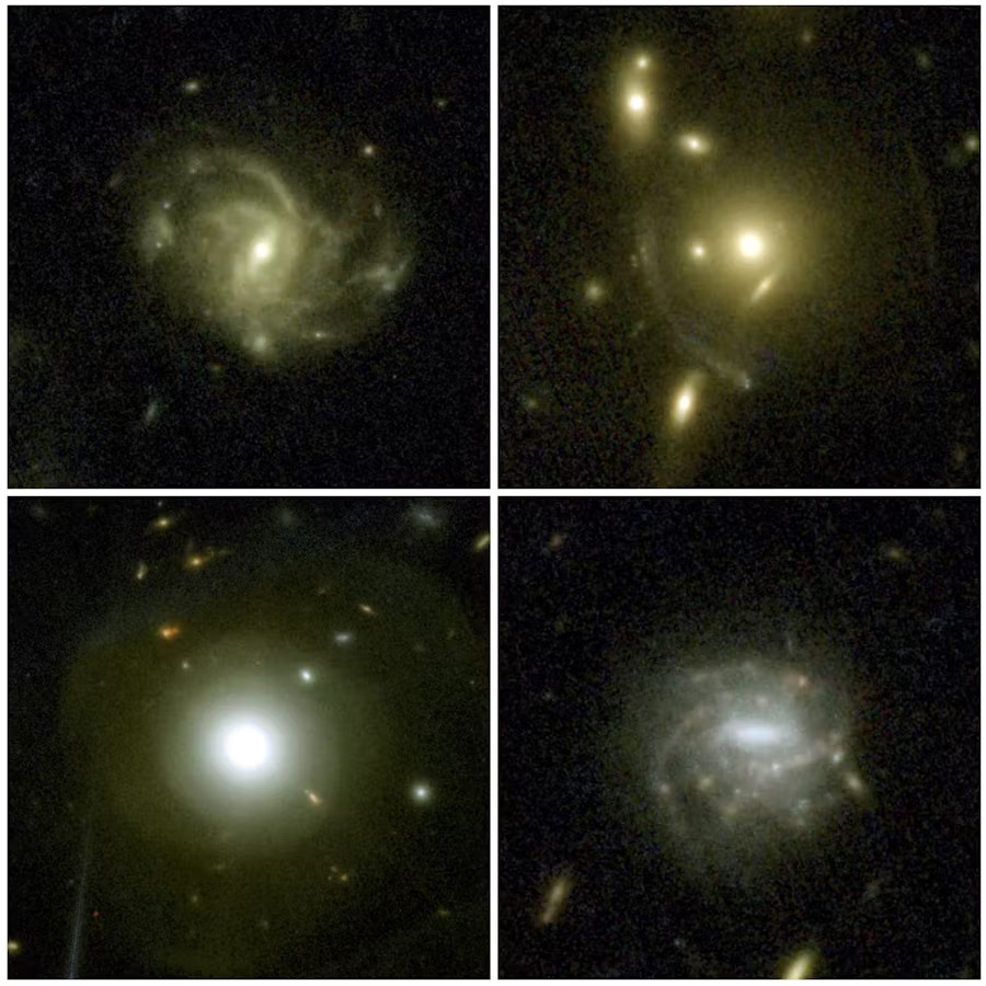 Чотири галактики, обрані з першої епохи спостережень в рамках огляду. Вгорі зліва зображена спіральна галактика з баром, вгорі справа — приклад галактики, яка може слугувати гравітаційною лінзою ще більш далеких об'єктів, внизу зліва — кандидат у галактичне злиття, а поруч зображена галактика з кількома регіонами зореутворення. COSMOS-WEB/KARTALTEPE, CASEY, FRANCO, LARSON, ET AL./RIT/UT AUSTIN/CANDIDE.