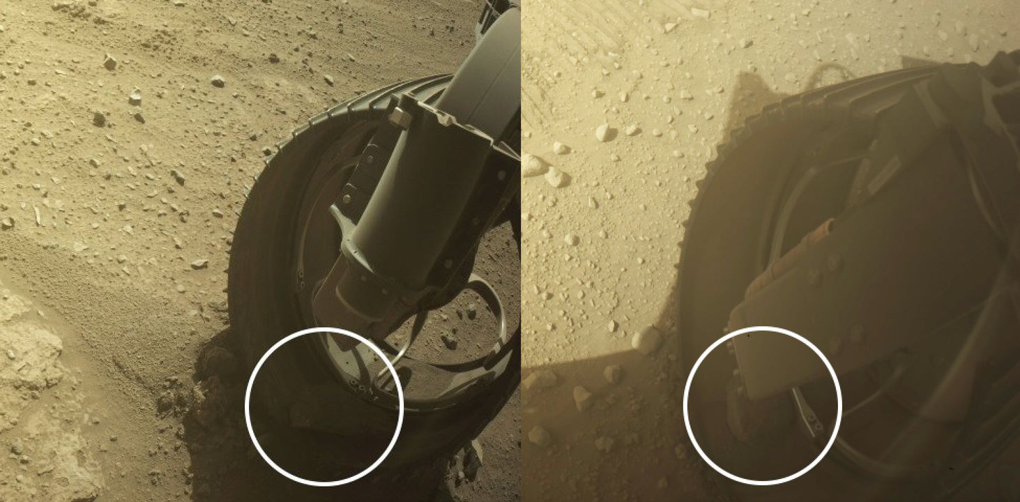 Виявлений цього березня камінь у правому колесі ровера. NASA / JPL-Caltech