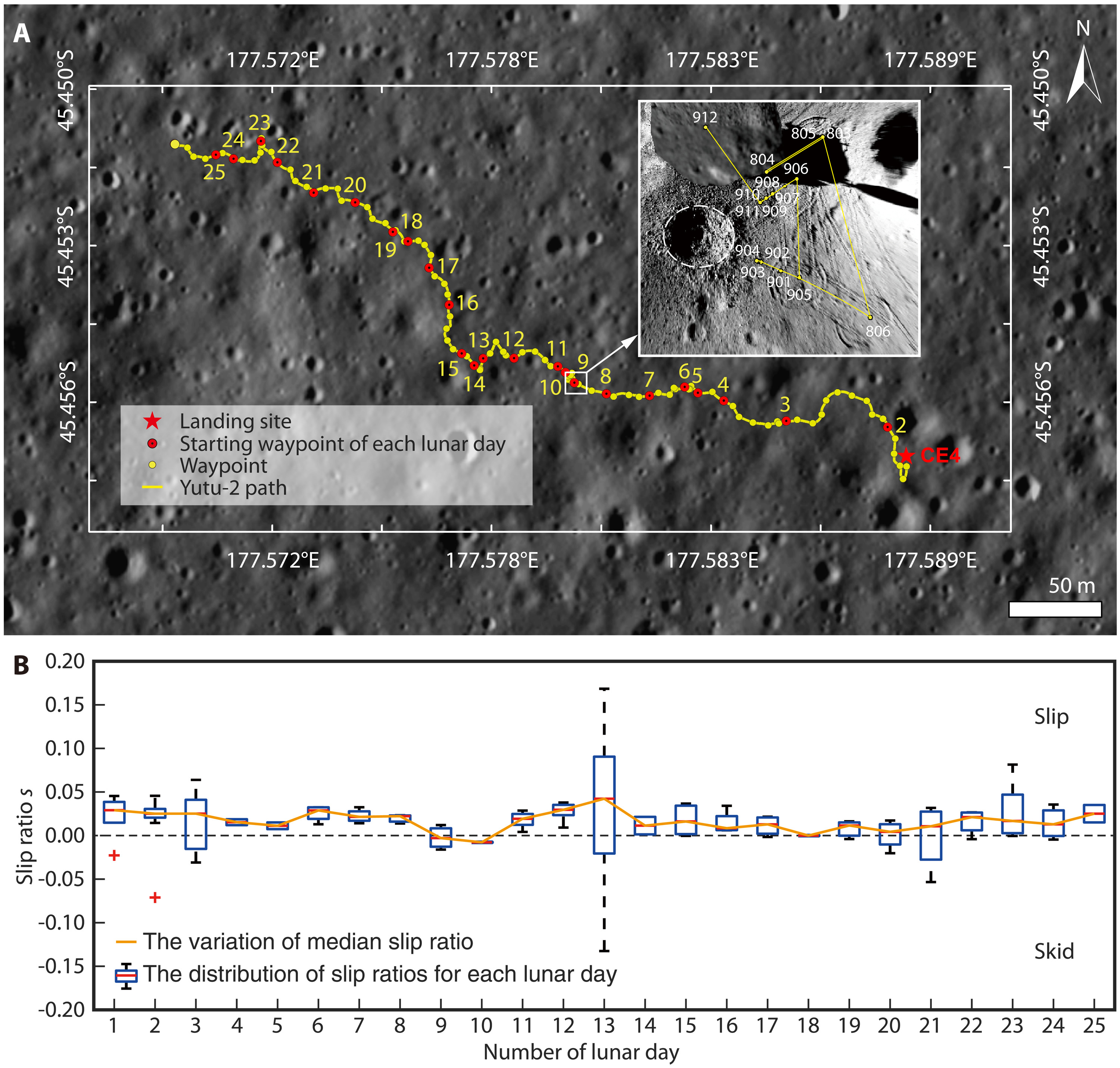 Шлях «Юйту-2» Місяцем з врахуванням ковзання його коліс кожного місячного дня. L. Ding et al. / Science Robotics, 2021&amp;nbsp;