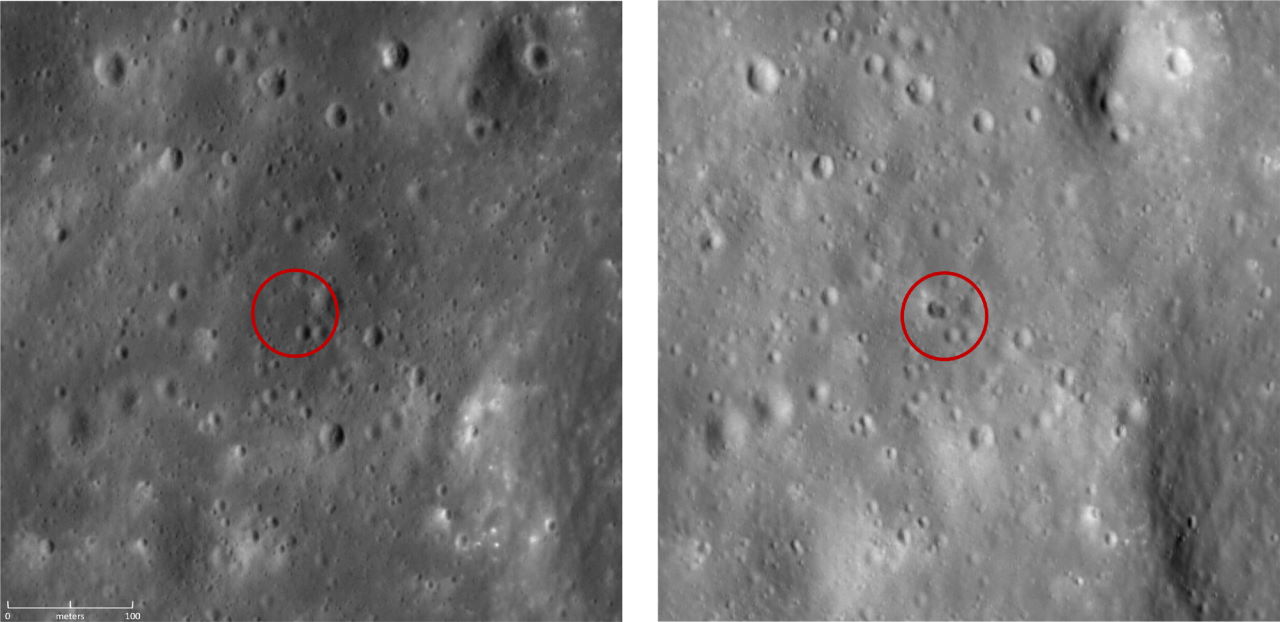 Місяць до та після падіння уламка ракети.&amp;nbsp;Tanner Campbell et al. /&amp;nbsp;Planetary Science Journal, 2023