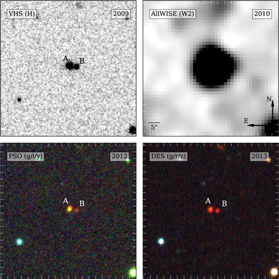 Зображення CWISE J0146-0508AB в інфрачервоному (вгорі) та оптичному діапазонах. Emma Softich et al. / The Astrophysical Journal Letters, 2022