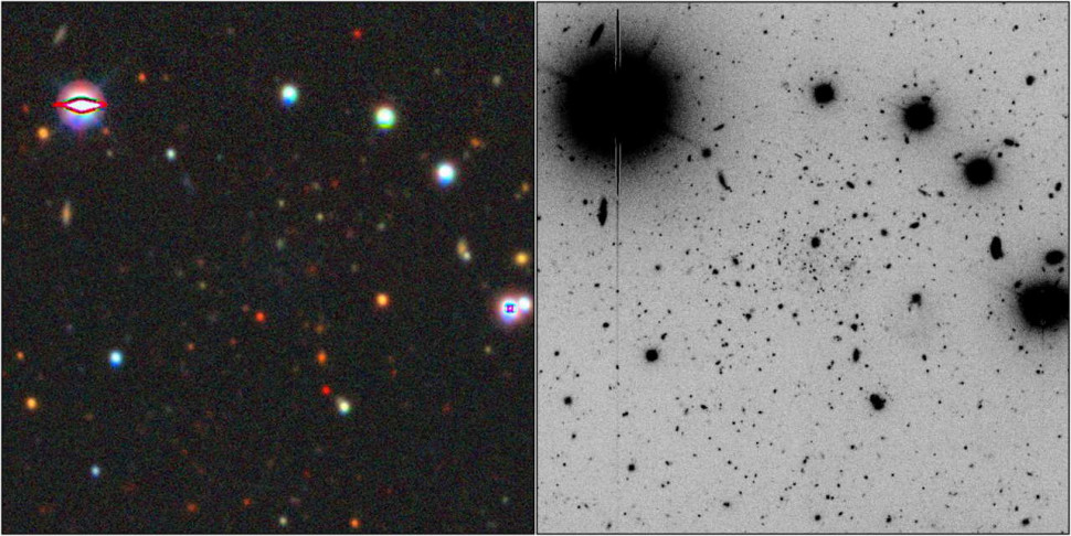 Пегас V в огляді DESI Legacy Imaging Survey (зліва), де її знайшов астроном-аматор Джузеппе Донатьелло (Giuseppe Donatiello) та на зображенні телескопа&amp;nbsp;«Джеміні-Північ».&amp;nbsp;Michelle L. M. Collins et al. / arXiv, 2022