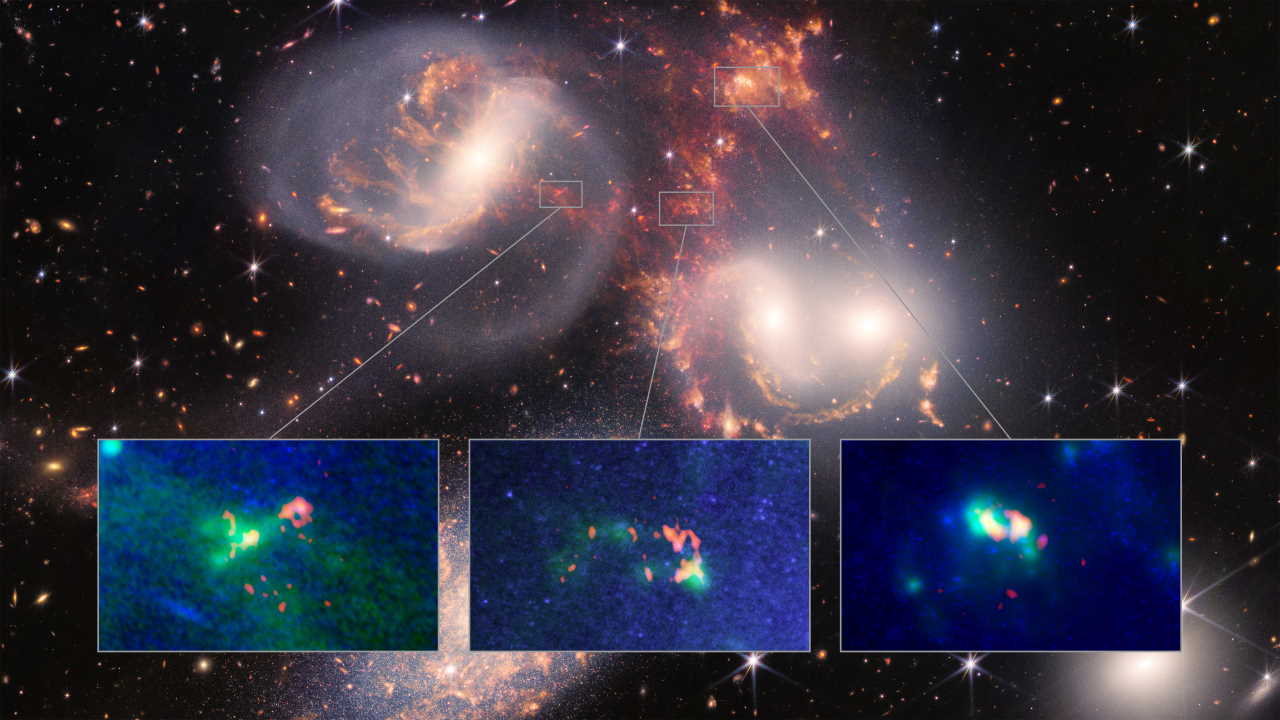 Три області Квінтету Стефана, на які звернули увагу астрономи. Зліва знаходиться центр ударної хвилі, де рециркулює холодний та розігрітий її впливом молекулярний водень. Посередині зображено дві хмари молекулярного водню, а справа&amp;nbsp;— можливе зародження карликової галактики, яке спровокувала ударна хвиля. ALMA (ESO / NAOJ / NRAO) / JWST/ P. Appleton (Caltech), B.Saxton (NRAO / AUI / NSF)