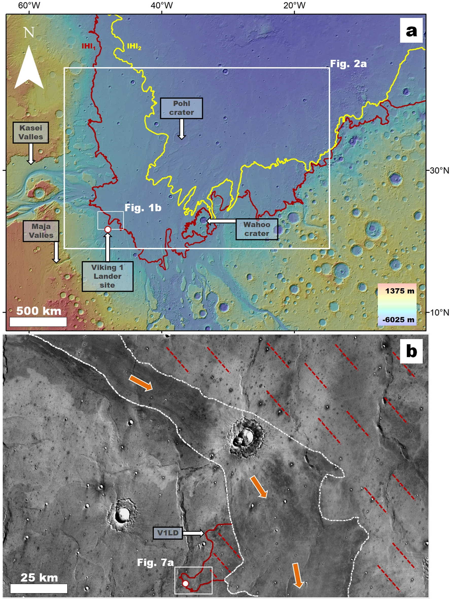 Регіон Chryse Planitia, де червоним позначено межі давнього цунамі, а також місце посадки «Вікінг-1». J. Alexis P. Rodriguez et al. / Scientific Reports, 2022