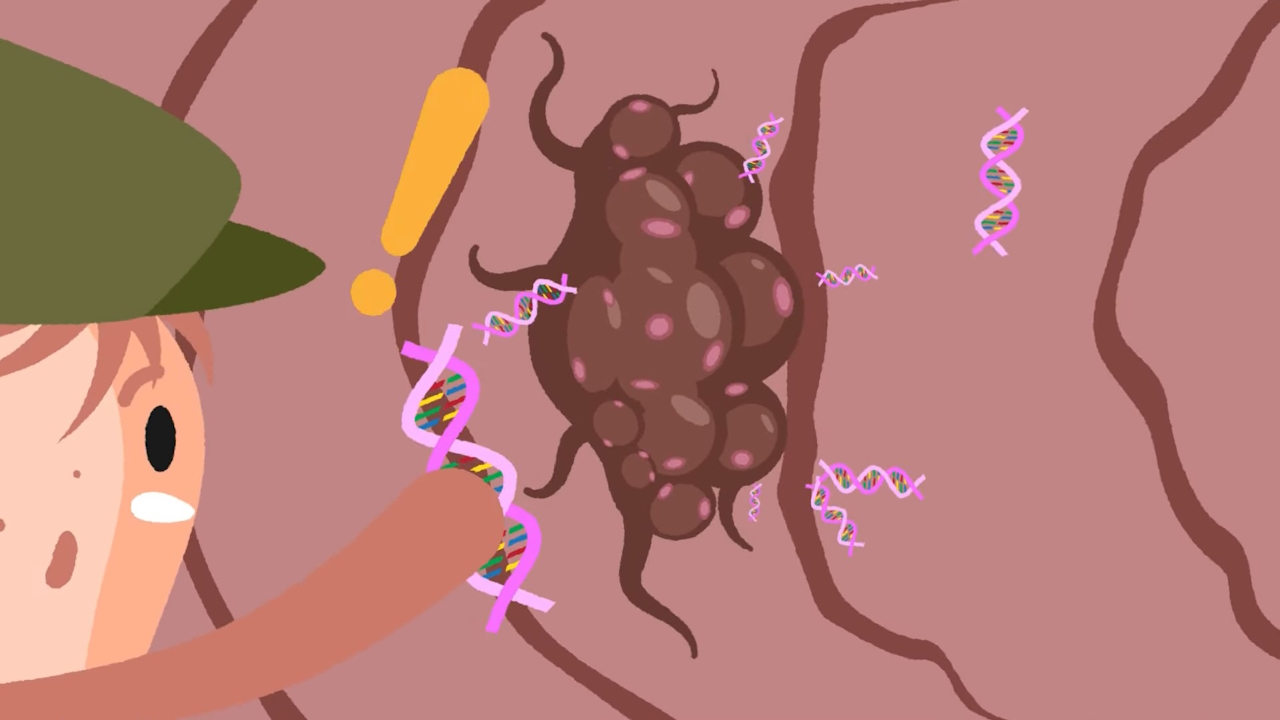 Художня ілюстрація бактерії, що захоплює ДНК ракової клітини.&amp;nbsp;Robert M. Cooper et al. /&amp;nbsp;Science, 2023