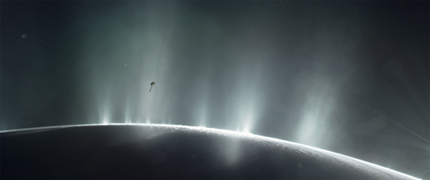 Космічний апарат «Кассіні» пролітає крізь шлейфи Енцелада. NASA/JPL-Caltech