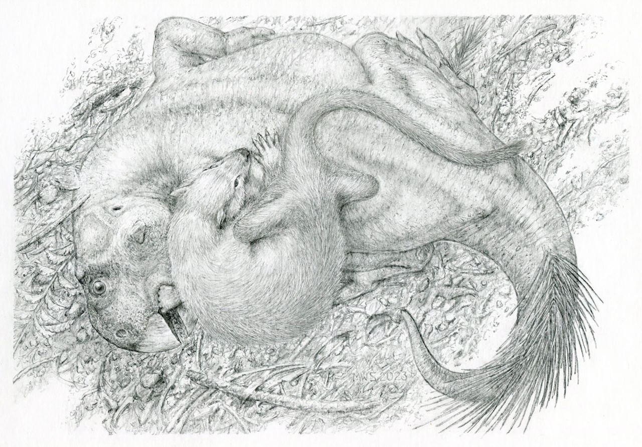 Художня ілюстрація нападу репеномамуса на пситтакозавра.&amp;nbsp;Michael Skrepnick / Science