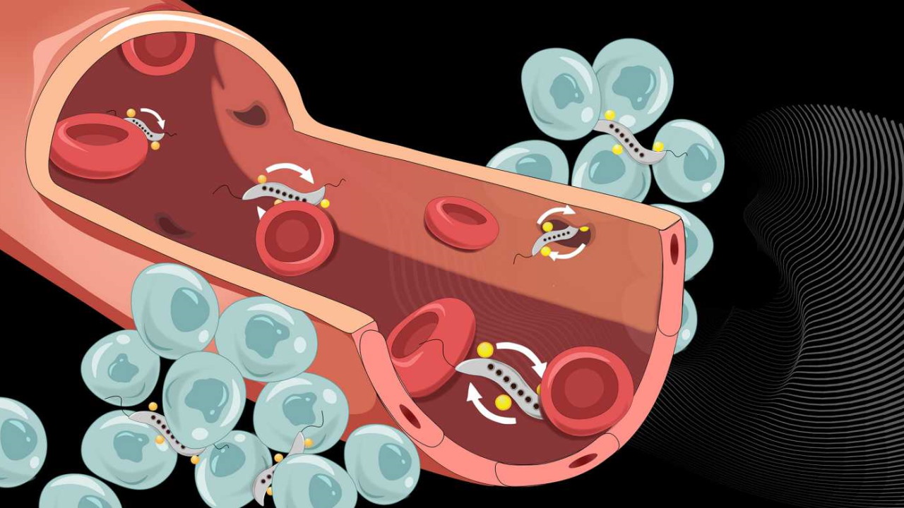 Візуалізація проникнення бактерій із судин до клітин пухлин (сірі) завдяки обертальному руху.&amp;nbsp;Yimo Yan / ETH Zurich