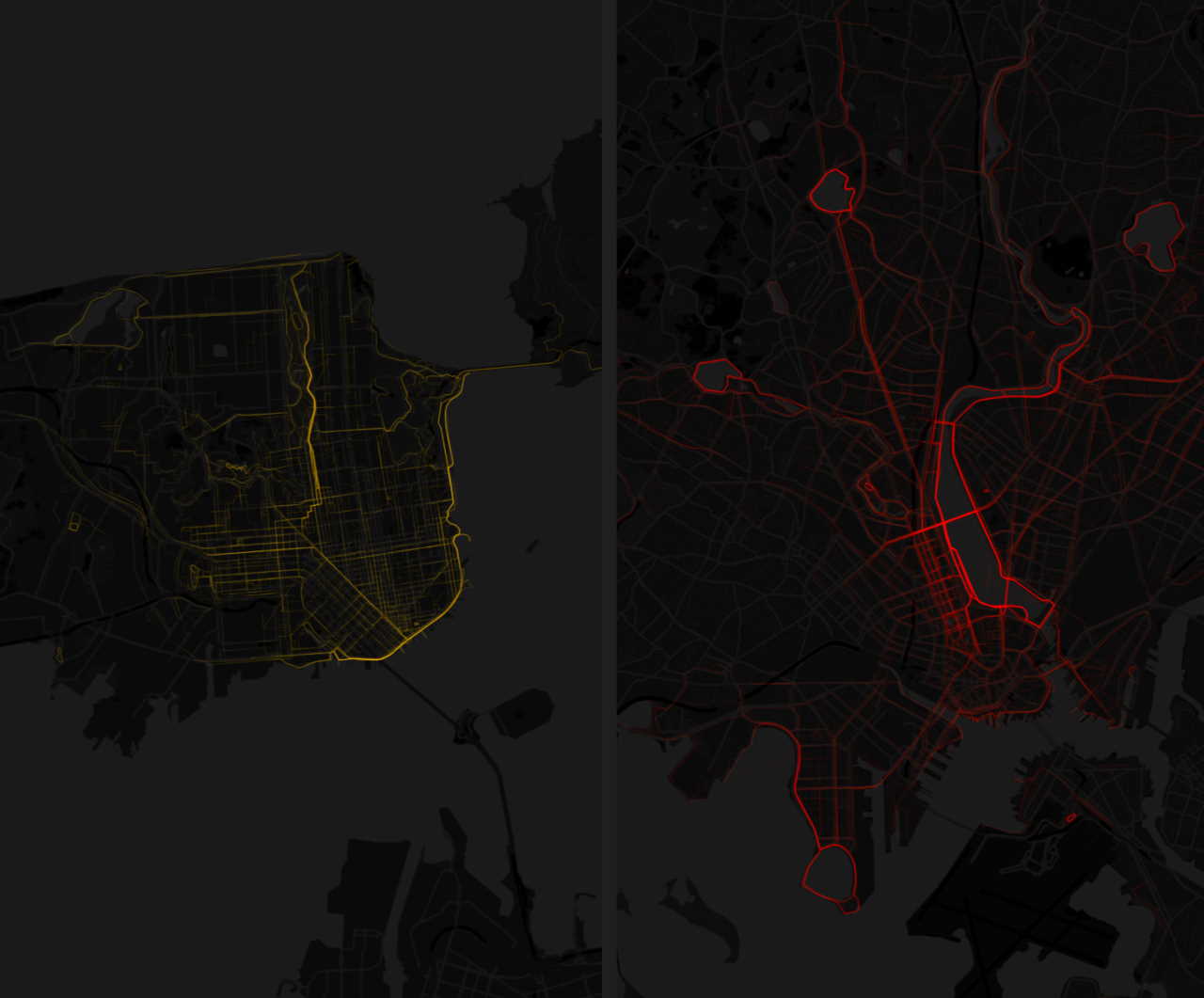 Маршрути, по яким пройшли люди у Сан-Франциско (жовтий) та Бостоні (червоний).&amp;nbsp;Carlo Ratti