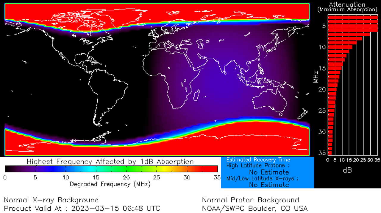 Ефекти геомагнітної бурі, що відбулася внаслідок викиду корональної маси 15 березня.&amp;nbsp;Вона найбільше впливала на радіосигнали у полярних регіонах на частотах 5 мегагерців і менше. NOAA