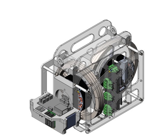 Конструкція стабілізаційного модуля для робота, що складається з двох синхронних двигунів з магнітами, які приводять у рух два маховики, які коригуватимуть положення робота по крену і тангажу. Chi-Yen Lee et al., 2023
