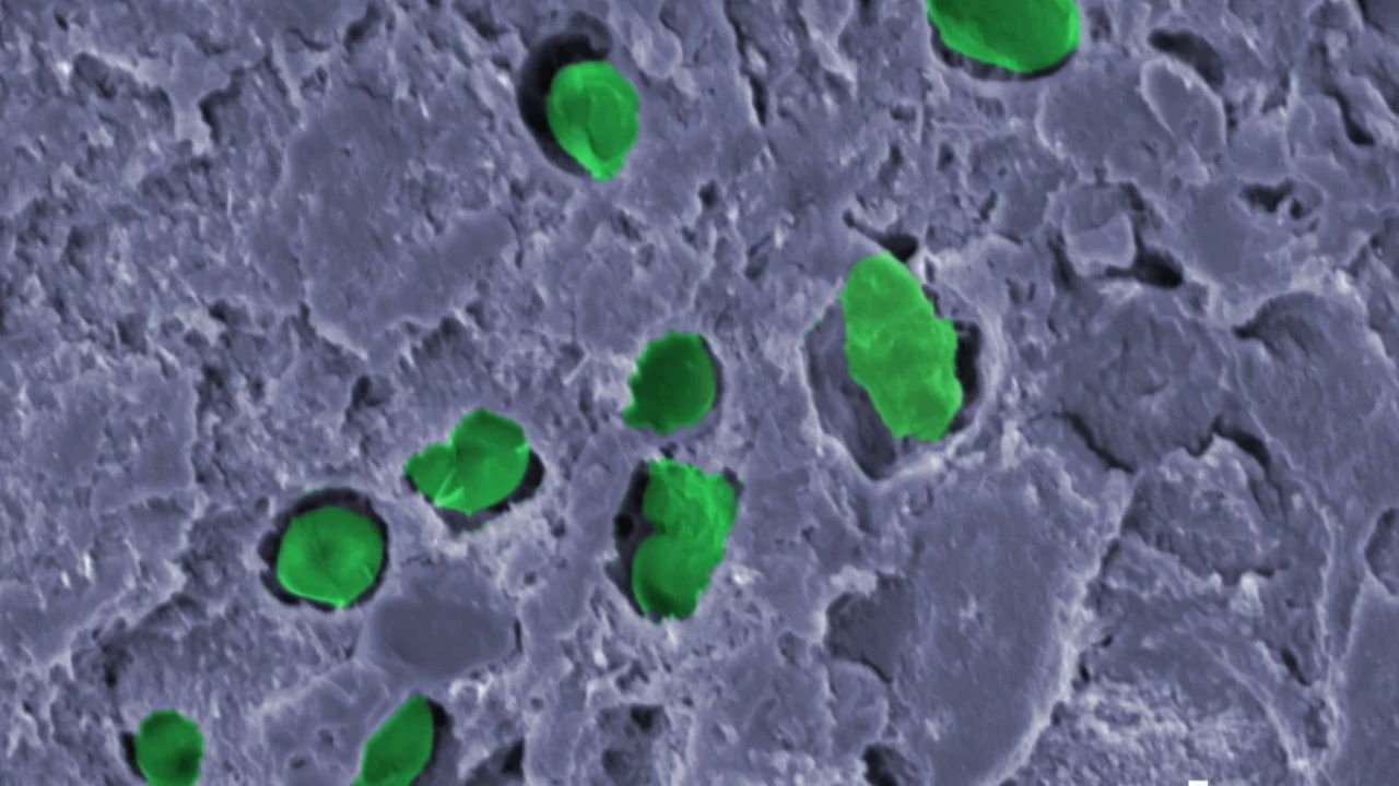 Бактерії (зеленим) у покритті на&amp;nbsp;на зображенні, отриманому за допомогою енергодисперсійної рентгенівської спектроскопії.&amp;nbsp;University of Surrey