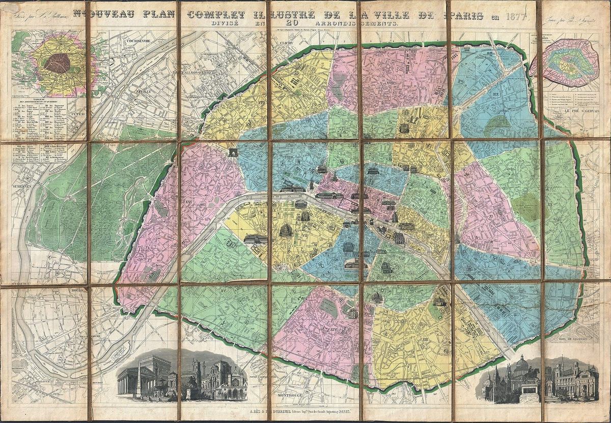 Кишенькова мапа Парижа, 1877: аркуш розрізали на прямокутні плитки й наклеїли на полотно &mdash; жорсткий шар сегментували, щоб гнулася м&rsquo;яка основа. За 150 років до титанової пластини з мікроотворами. Мапа A. Vuillemin / Geographicus / Wikimedia Commons, суспільне надбання